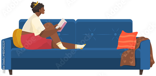 Girl sits at home and reads. Woman with book in her hands spending time in apartment. Female character is reading and resting after work. Sits on couch and studies book. Leisure, pastime at home