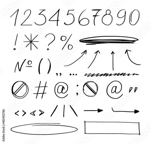 Punctuation symbols. Asterisk, brackets and question mark, exclamation mark. A set of punctuation marks and numbers. Writting doodle elements isolated on white background.