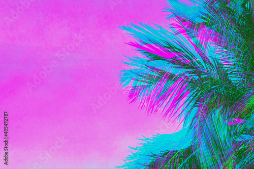 Bright mint and green holographic neon colored abstract palm leaves on pink background with interlaced digital Motion glitch effect. 90s night club jungle beach summer party retro style flyer template