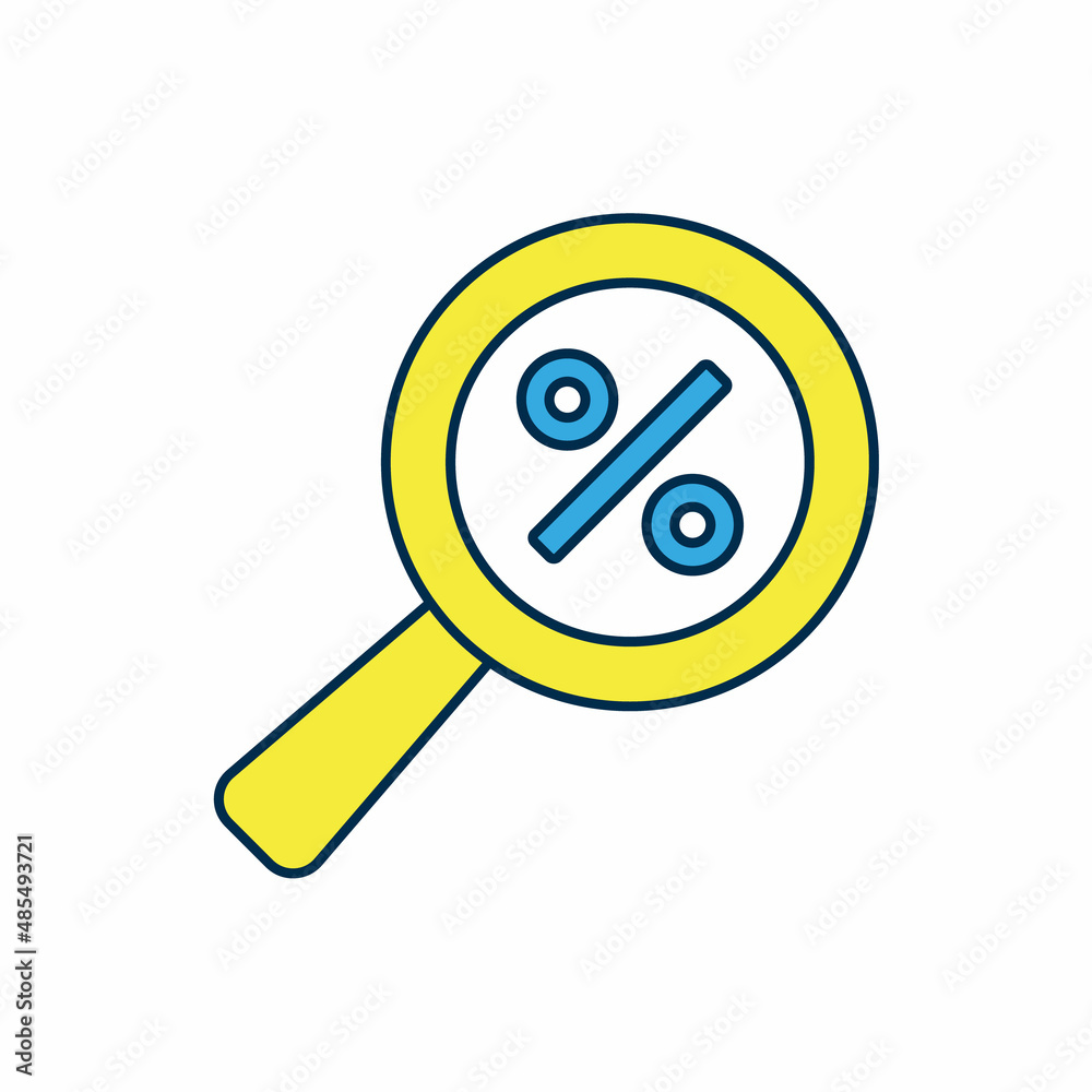 Filled outline Magnifying glass with percent discount icon isolated on white background. Discount offers searching. Search for discount sale sign. Vector Filled outline Magnifying glass with percent discount icon isolated on white background. Discount offers searching. Search for discount sale sign. Vector