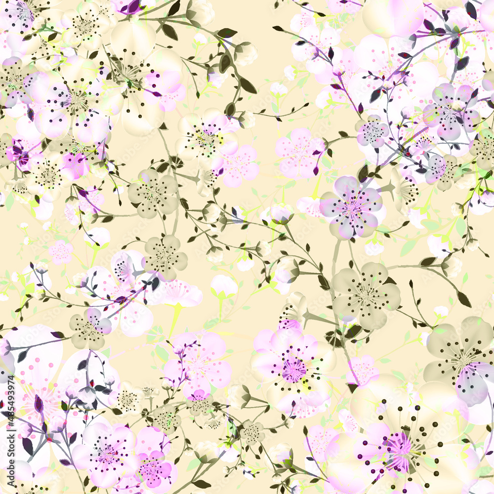 Seamless background pattern of branches pink Japanese cherry flower on light brown background in a random arrangement square format suitable for textile. Sakura floral texture, EPS 10 vector Seamless background pattern of branches pink Japanese cherry flower on light brown background in a random arrangement square format suitable for textile. Sakura floral texture, EPS 10 vector
