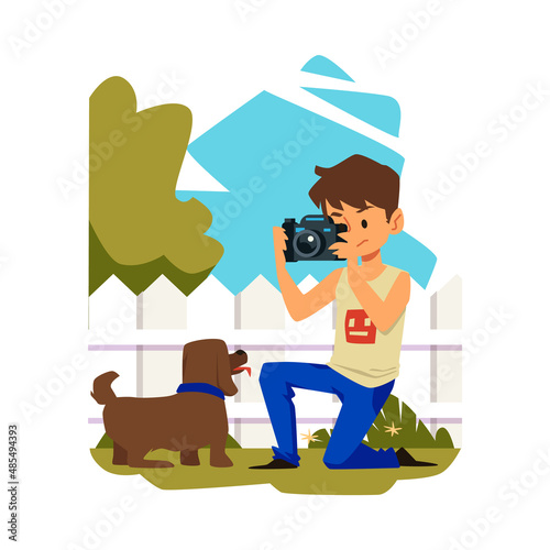 Boy with camera photographing dog in the backyard, flat vector illustration isolated on white background.