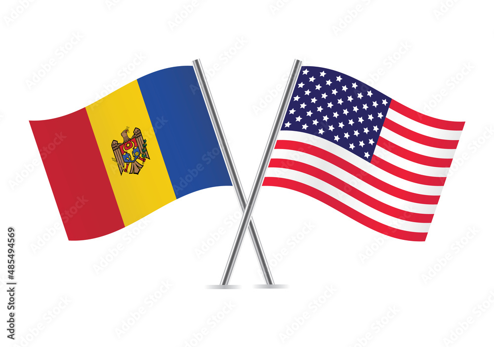 Moldova and America crossed flags. Moldovan and American flags isolated on white background. Vector icon set. Vector illustration.