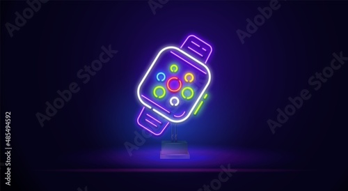 smart watch health diagnostic neon light sign vector. Glowing bright icon smart watch health diagnostic sign. transparent symbol illustration