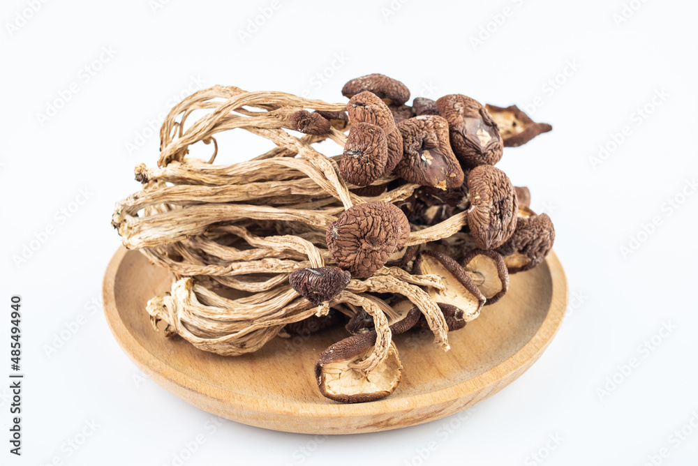 A plate of tea tree mushrooms on a white background A plate of tea tree mushrooms on a white background