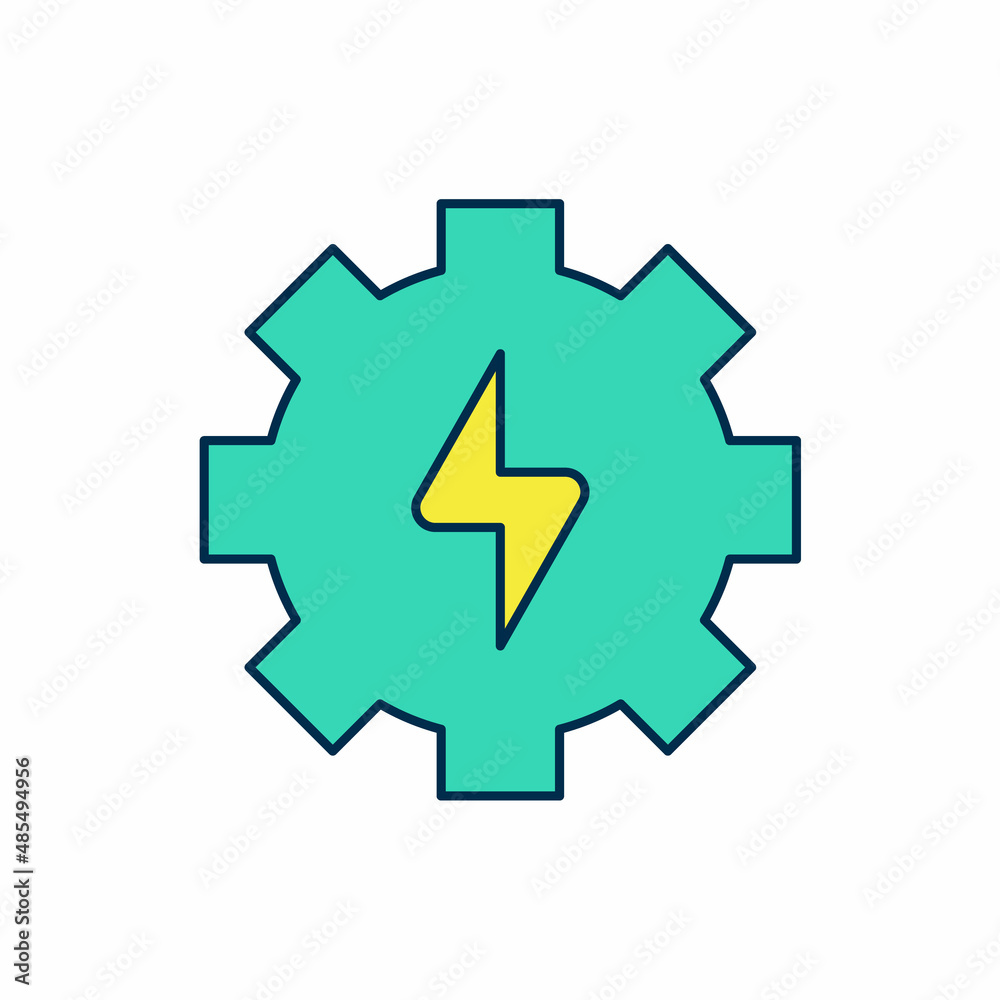 Filled outline Gear and lightning icon isolated on white background. Electric power. Lightning bolt sign. Vector Filled outline Gear and lightning icon isolated on white background. Electric power. Lightning bolt sign. Vector