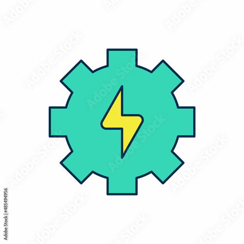 Filled outline Gear and lightning icon isolated on white background. Electric power. Lightning bolt sign. Vector