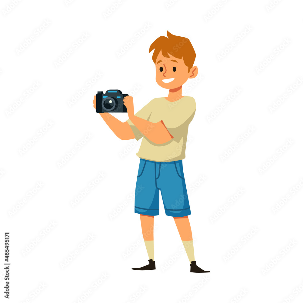 Smiling boy with professional camera taking pictures, flat vector illustration isolated on white background. Smiling boy with professional camera taking pictures, flat vector illustration isolated on white background.