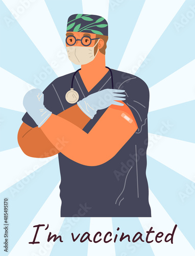 Doctor man wearing protective mask showing his arm with bandage after receiving covid-19 vaccine. Concept of vaccination, health, immunization, healthcare, call of fight against coronavirus