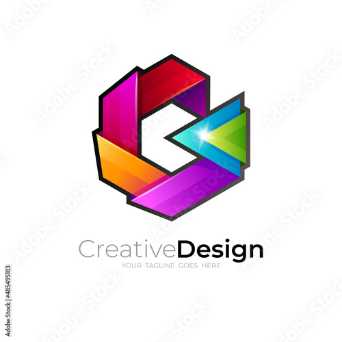 Hexagon logo and letter G design template, glossy icon