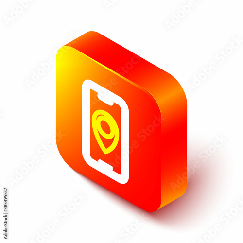Isometric line Infographic of city map navigation icon isolated on white background. Mobile App Interface concept design. Geolacation concept. Orange square button. Vector
