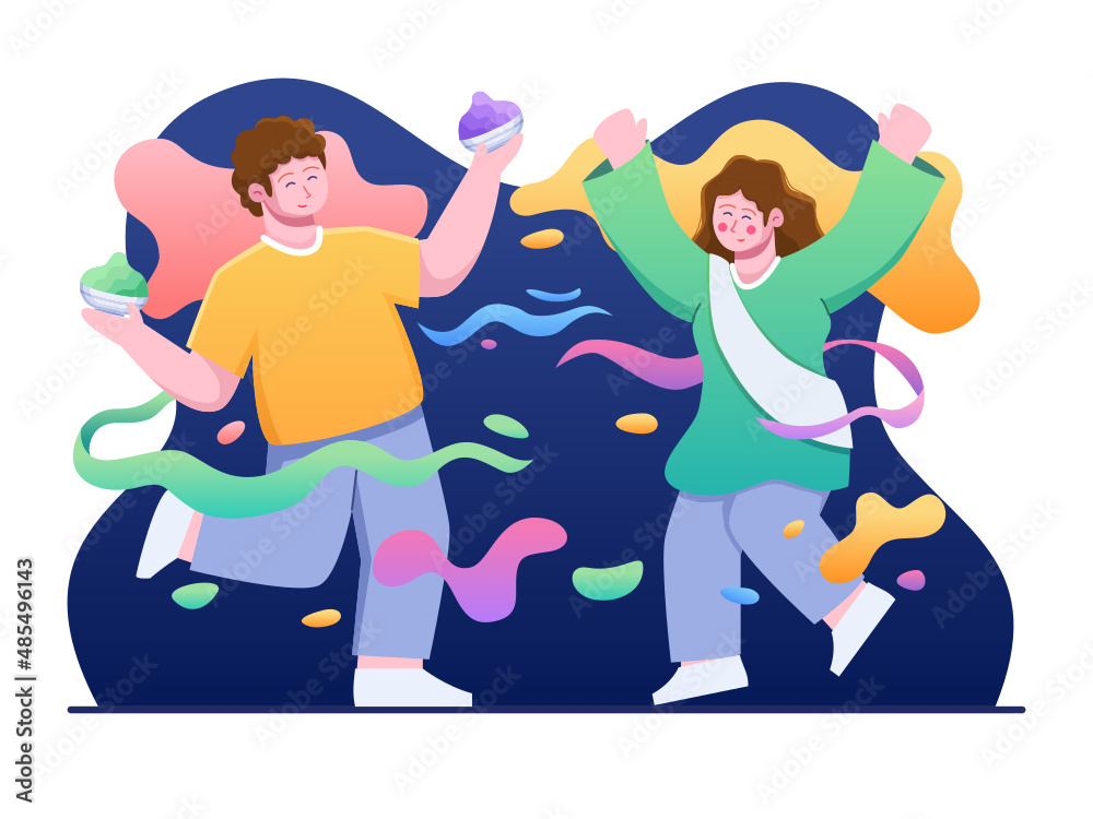 Illustration of Cartoon Young People Enjoying India Holi Festival. Inda  person celebrating Holi. Happy Holi Festival. Can be used for greeting  card, postcard, banner, poster, web, social media, etc. Stock Vector |