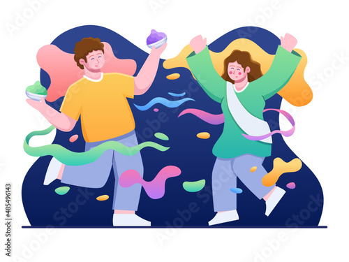 Illustration of Cartoon Young People Enjoying India Holi Festival. Inda person celebrating Holi. Happy Holi Festival. Can be used for greeting card, postcard, banner, poster, web, social media, etc.