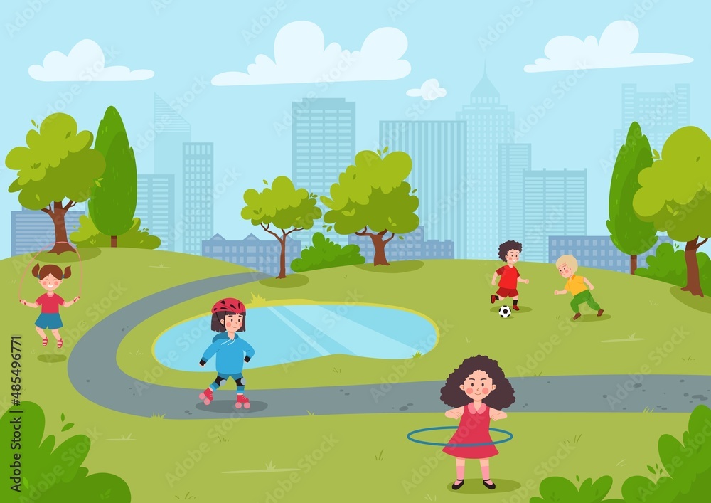 Naklejka premium City park background with kids doing sports, cartoon flat vector illustration.