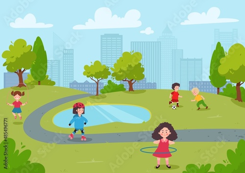 City park background with kids doing sports, cartoon flat vector illustration.