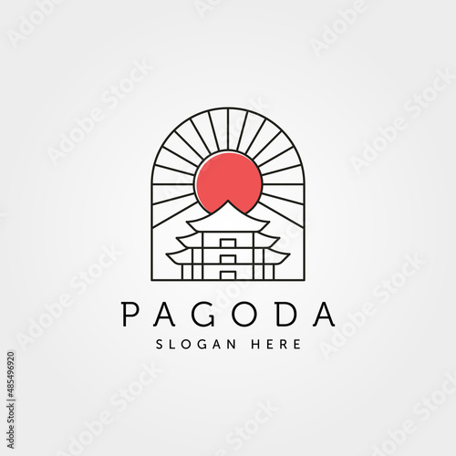 pagoda temple with sunburst logo vector symbol illustration design, minimalist pagoda temple