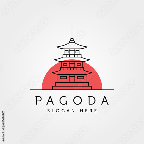 pagoda line art logo with sun vector symbol illustration design