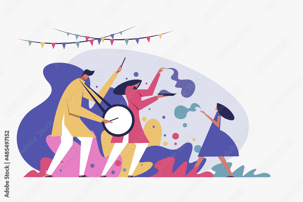 Illustration of a family celebrating Holi festival by throwing colours and dancing