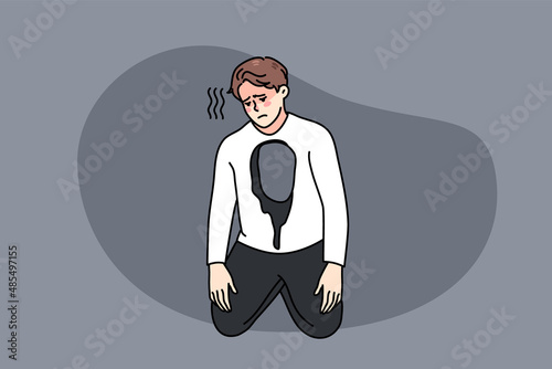 Unhappy man with hole in body feel depressed and broken. Sad upset guy feel stressed have mental or psychological problems. Depression and anxiety concept. Vector illustration. 