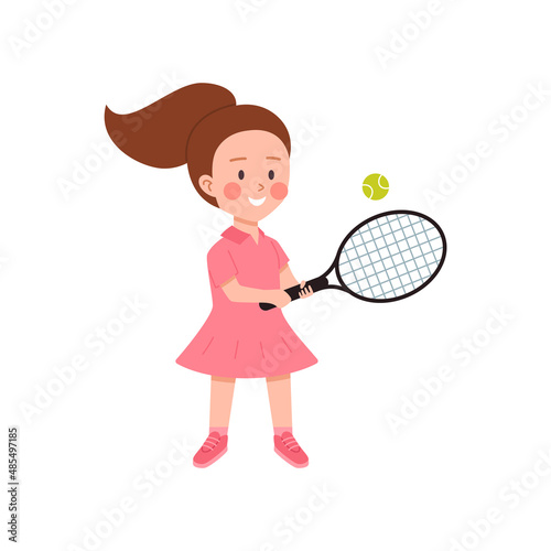 Child tennis or badminton player with racket flat vector illustration isolated.