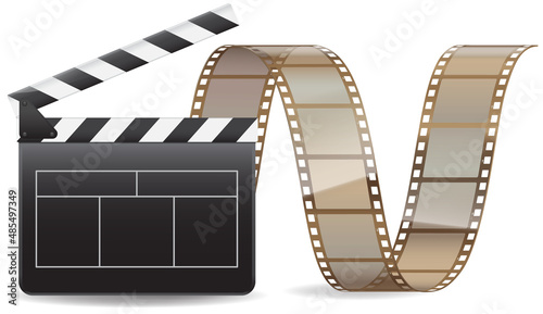 Cinema festival banner with film clapper board on black background. Art and entertainment. Empty board with stripes, black glossy cinema object, equipment for making video production, film industry
