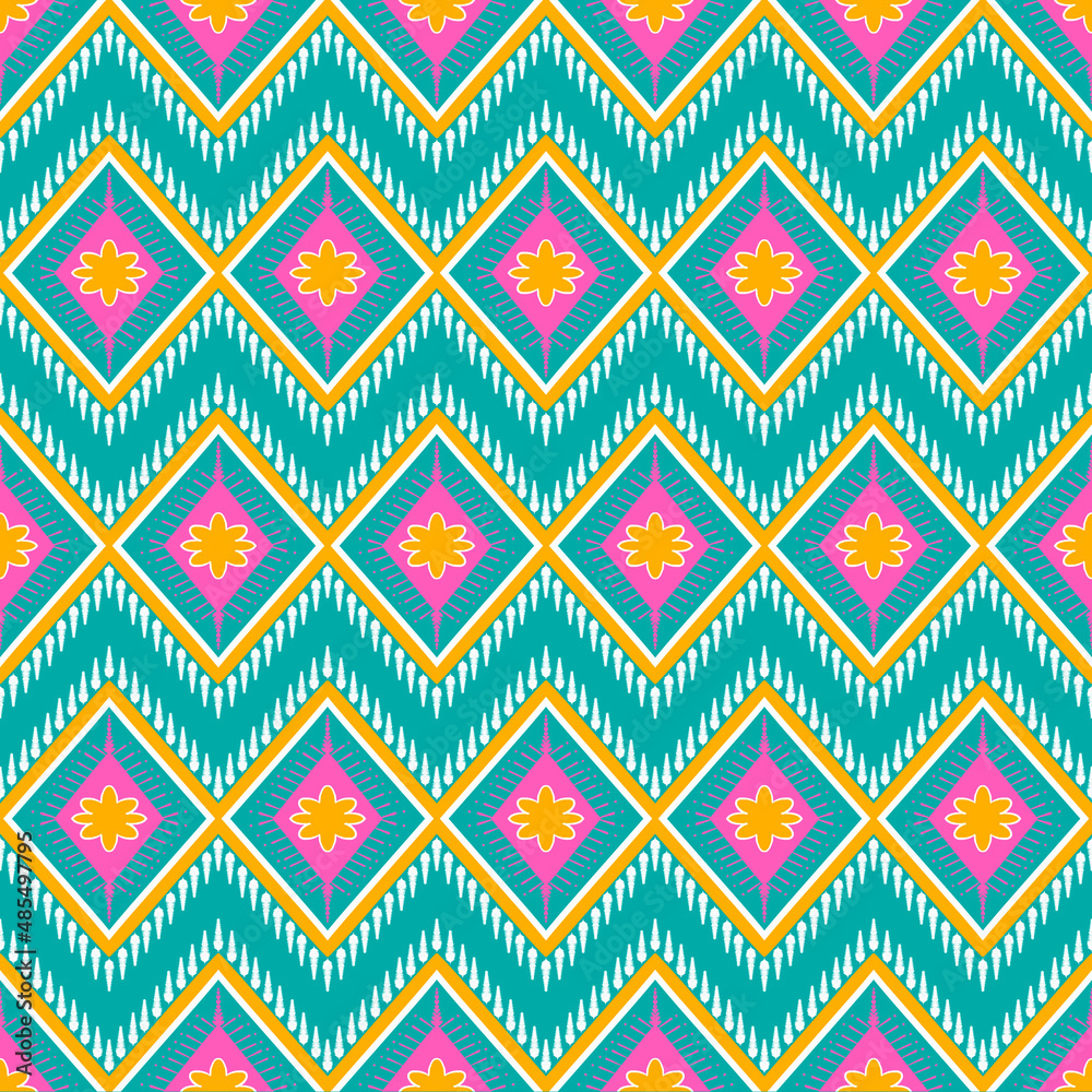 Yellow, Pink, White on Green Teal. Geometric ethnic oriental pattern traditional Design for background,carpet,wallpaper,clothing,wrapping,Batik,fabric, illustration embroidery style