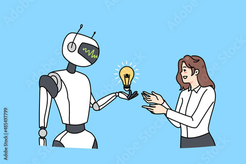 Robot give lightbulb to female employee offer productive business solution. Virtual assistant or cyborg help businesswoman with innovative idea or startup project. Innovation. Vector illustration. 