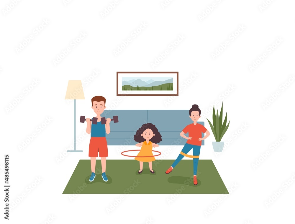 Mother, father and daughter exercising at home, vector illustration isolated.