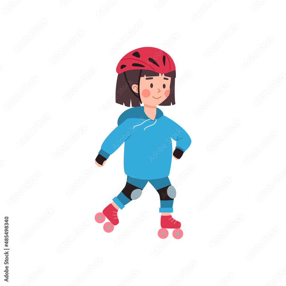 Girl wearing helmet rolling on roller blades, flat vector illustration isolated.