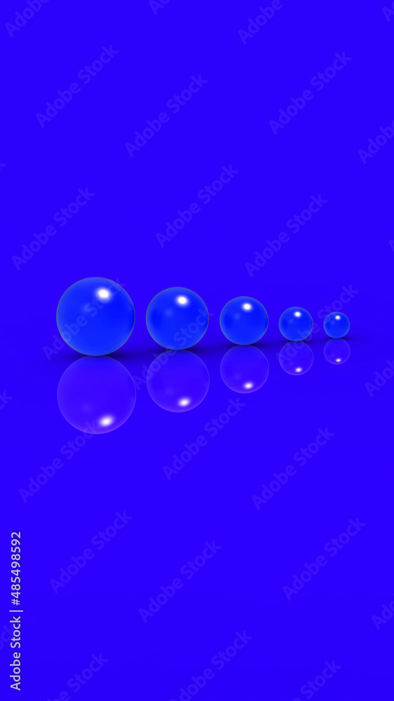 Five glass balls of different sizes of blue color on blue background. Growth of something. Progress. Vertical image. 3D image. 3D rendering.