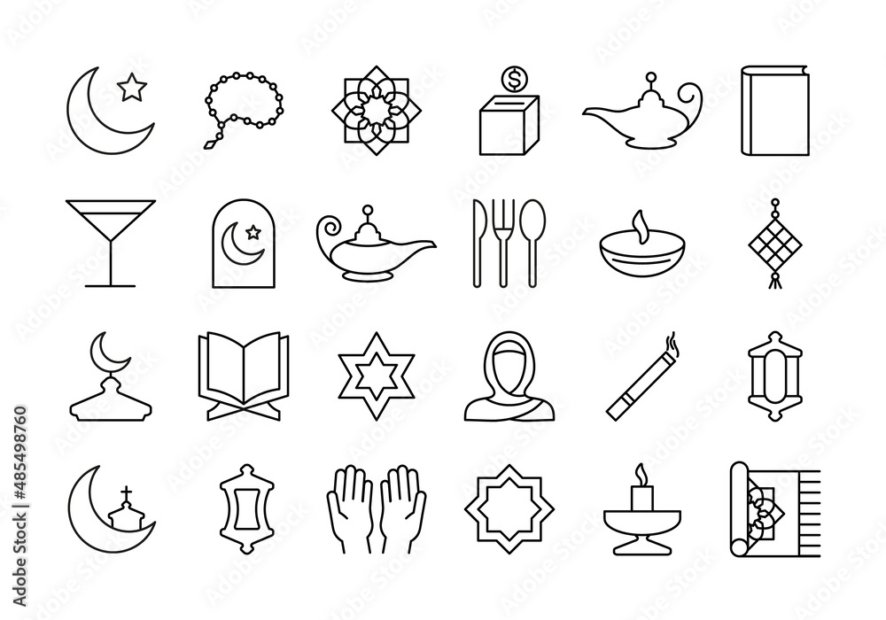 Fototapeta premium A set of Islamic Ramadan icons. The collection is isolated on white background. Vector illustration.