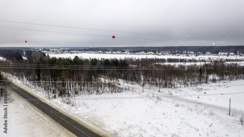 Energy. High voltage wires. Power lines. Electricity. View from above. Electrics. Electric station. Electrical substation.