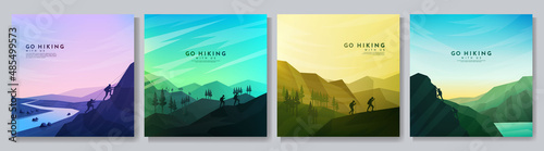 Vector background illustration. Travel concept of discovering, exploring and observing nature. Trekking. Couple of travelers climb with backpack and hiking poles. Design for web banner. Flat landscape