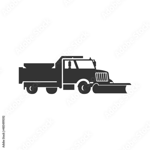Snow plow truck monochrome black and white icon, flat vector illustration isolated on white background.