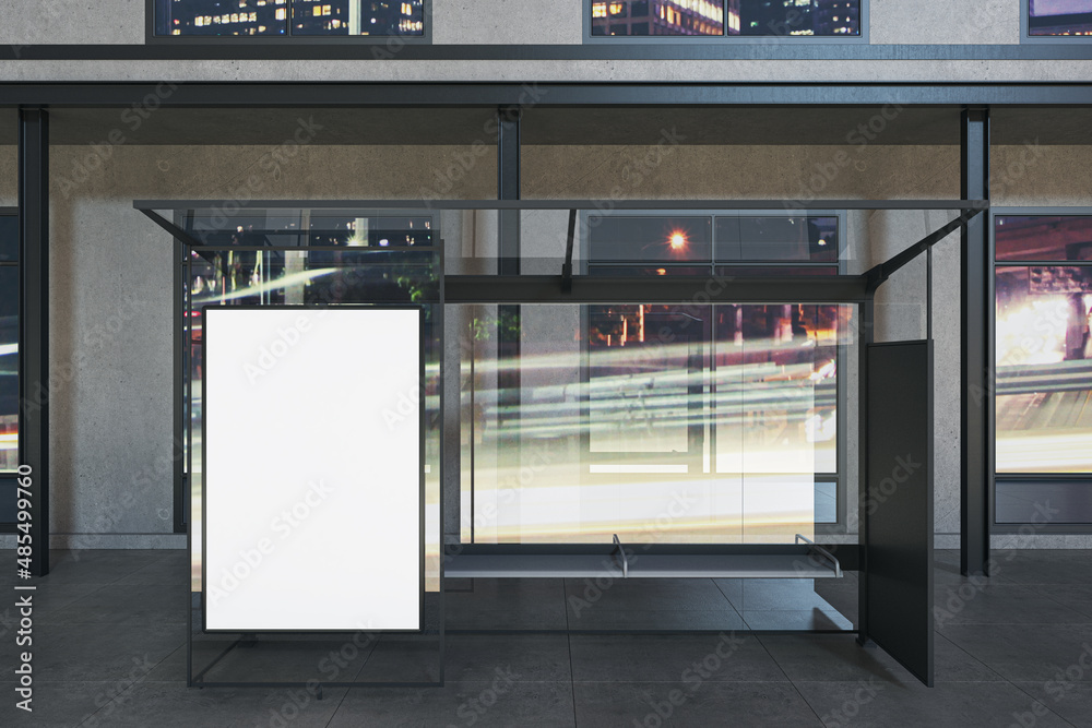 Modern glass bus stop with empty white mock up poster and city reflections and daylight. Transport and urban concept. 3D Rendering. Modern glass bus stop with empty white mock up poster and city reflections and daylight. Transport and urban concept. 3D Rendering.