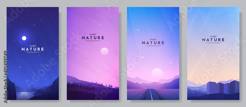 Vector illustration. Flat background set. Minimalist style. Geometric polygonal design landscape. Night scene, evening highway, forest, city building. Design for flyer, leaflet, coupon, voucher, card