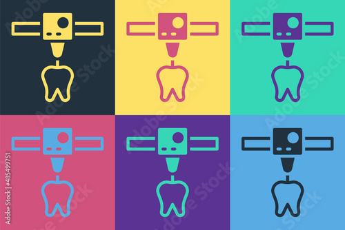 Pop art 3D printer tooth icon isolated on color background. 3d printing. Vector