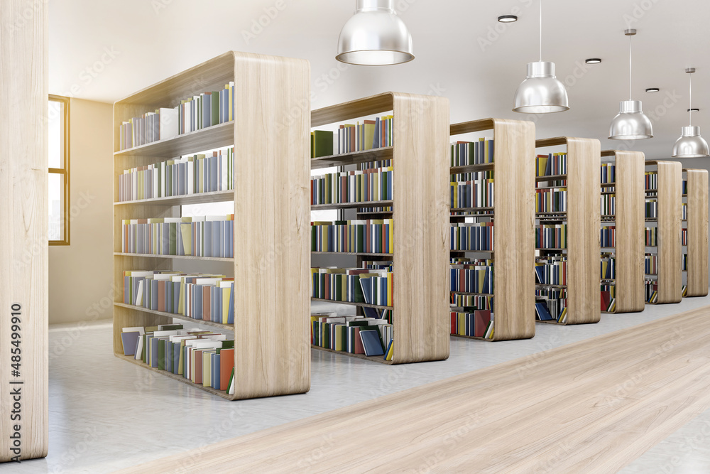 Side view on wooden book shelves in eco style library with silver color lamps on top and wooden floor. 3D rendering Side view on wooden book shelves in eco style library with silver color lamps on top and wooden floor. 3D rendering
