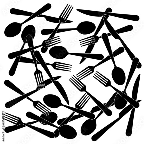 Many knives, forks and spoons are mixed up, symbol for menu or restaurant, black icons isolated on white background