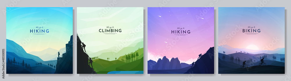 Vector illustration. Travel concept of discovering, exploring and observing nature. Hikers couple, cyclists, climbing on cliff. Adventure tourism. Flat design template for web or social media banner - obrazy, fototapety, plakaty 