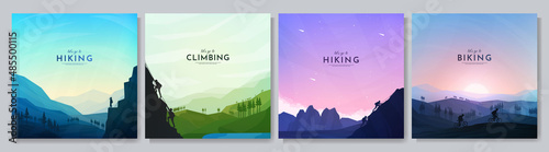 Vector illustration. Travel concept of discovering, exploring and observing nature. Hikers couple, cyclists, climbing on cliff. Adventure tourism. Flat design template for web or social media banner