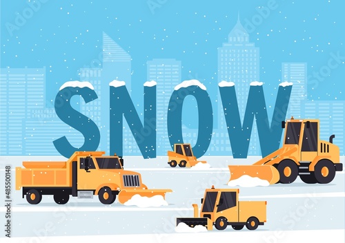 Snow removal trucks advertising banner, winter service vehicles cleaning city streets, flat vector illustration.