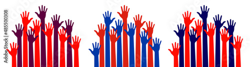 Caring up hands set. Logo design element. Volunteers hands up emblem icon for education, health care, medical, volunteer, vote. Vector illustration