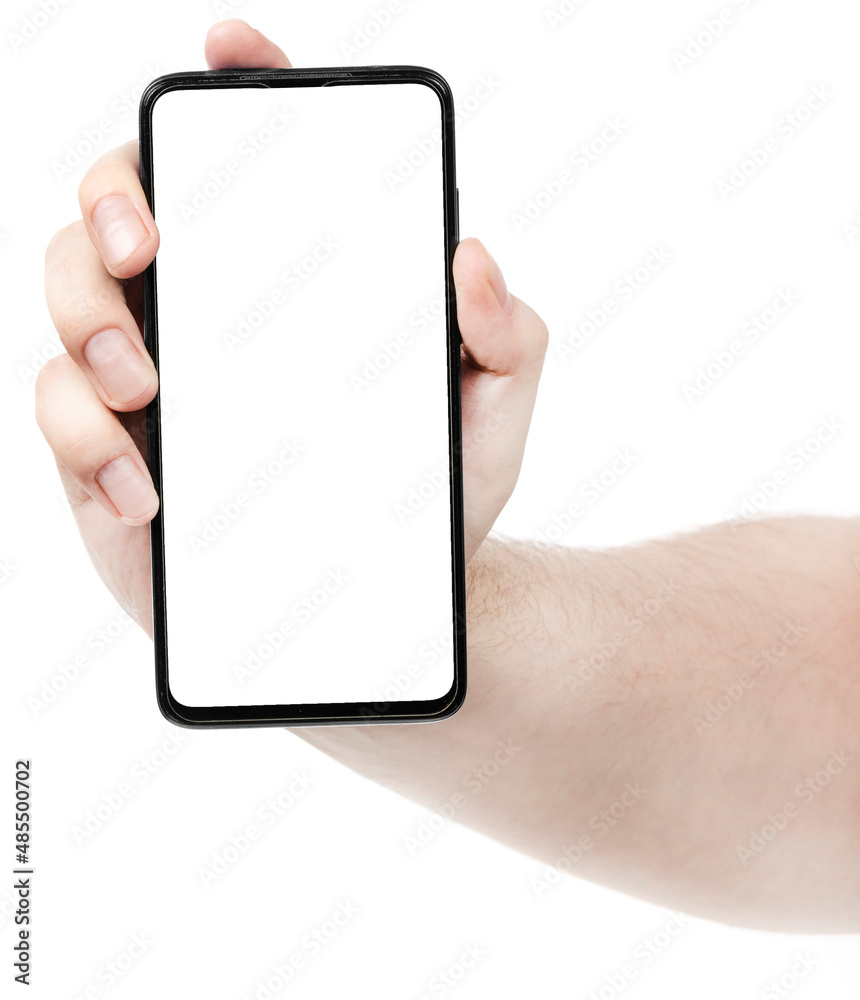 Male hand holding the black new smartphone with blank screen isolated white background. Man hands using phone clipping path. blank for designer Male hand holding the black new smartphone with blank screen isolated white background. Man hands using phone clipping path. blank for designer