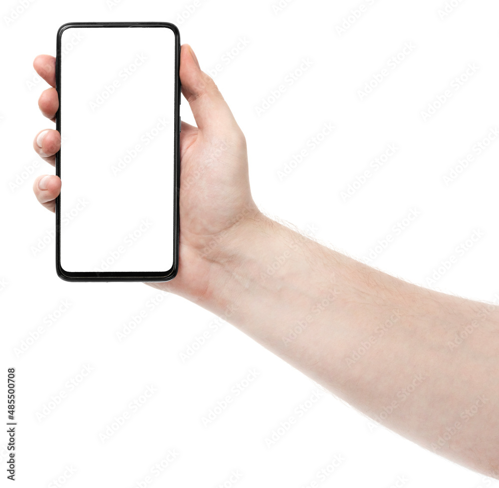 Male hand holding the black new smartphone with blank screen isolated white background. Man hands using phone clipping path. blank for designer Male hand holding the black new smartphone with blank screen isolated white background. Man hands using phone clipping path. blank for designer