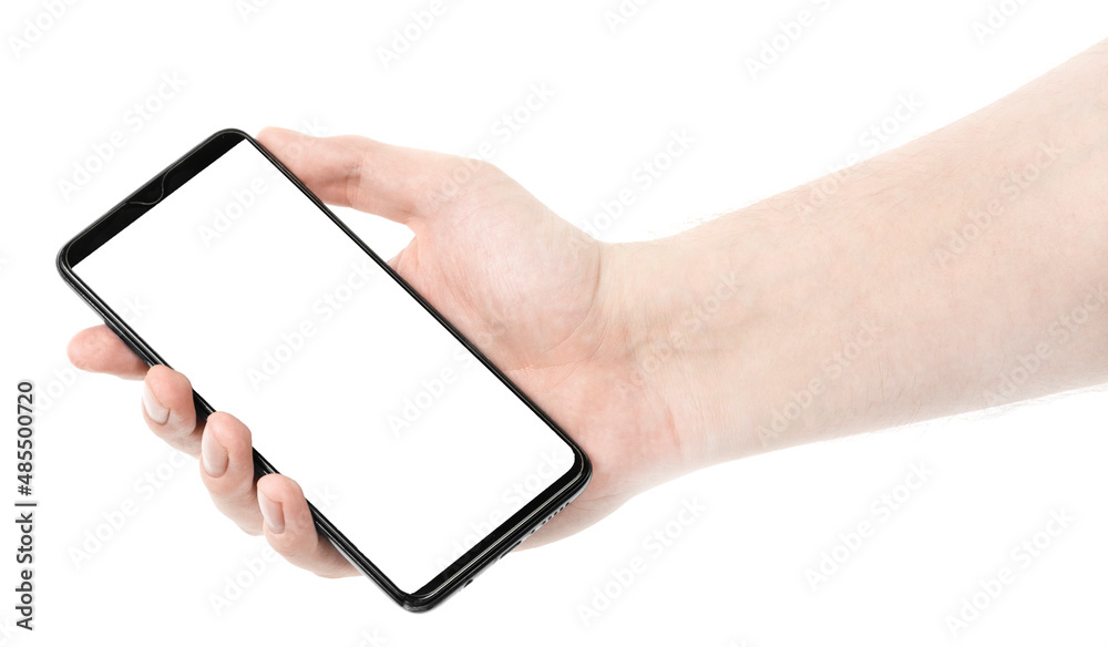 Male hand holding the black new smartphone with blank screen isolated white background. Man hands using phone clipping path. blank for designer Male hand holding the black new smartphone with blank screen isolated white background. Man hands using phone clipping path. blank for designer