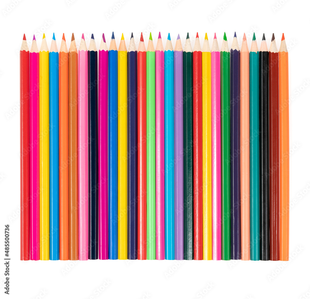 Wooden colored pencils isolated on a white background. A line of multicolored pencils in a large plan Wooden colored pencils isolated on a white background. A line of multicolored pencils in a large plan