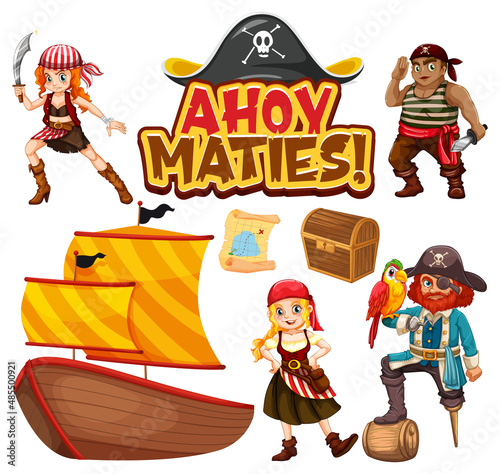 Set of pirate cartoon characters and objects
