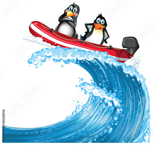 Penguins on a speed boat in cartoon style
