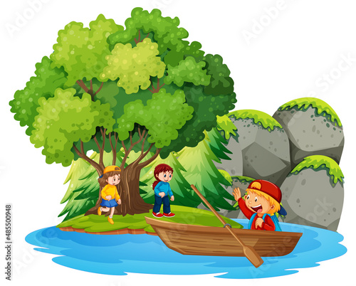 Isolated forest island with children cartoon character